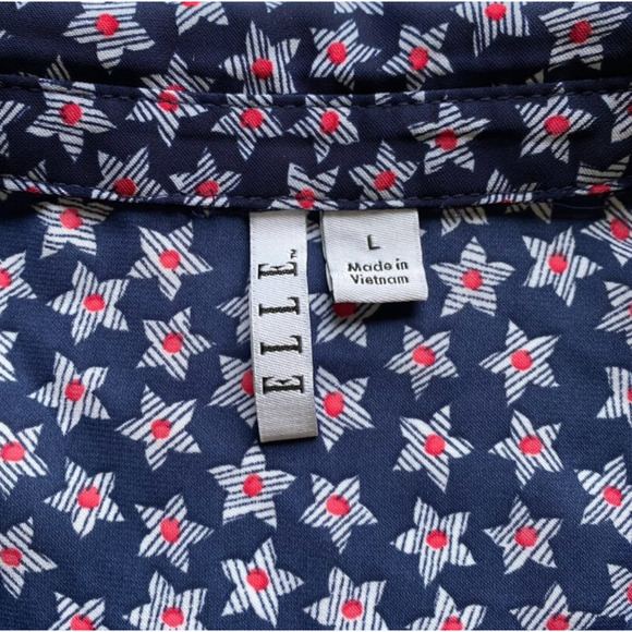 ELLE Blouse Womens Large Blue Red White Patriotic Star Sleeveless Button Front - Picture 5 of 8
